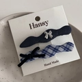 Blue and white plaid hair clips with silver metal bow and black velvet bow detail - Navy Blue Plaid Wave Pair Clips