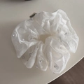 Detailed view of white lace scrunchie with delicate embroidery and pearl bead accents - Round Embroidery-White Pearl