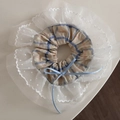 Detail of checkered scrunchie with lace trim and light blue silk bow accessory - Lace Scrunchie / Blue & Yellow Plaid