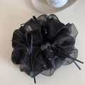 Détail d'un chouchou en organza noir orné de petits nœuds en ruban sur fond blanc - Chouchou Style Ballet Transparent-Noir