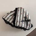 Detail of red heart striped lace scrunchie with bow showing fabric texture and trim - Hair Claw / Red Heart Black Stripe - Hair Claw