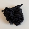 Detail of a black sheer organza rose hair tie with multi-layered petals and stylish ties - Organza Rose Scrunchie-Black