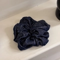 Detail of dark blue denim hair scrunchie with sparkling rhinestones and retro texture - Scrunchie / Navy Blue