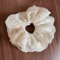Close-up of oversized cream lace scrunchie with intricate floral embroidery on mesh fabric - Multi-layer Lace Beige