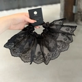 Detail of black lace hair scrunchie featuring intricate floral embroidery and layered design - Black