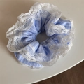 Detail of blue striped scrunchie featuring elegant white lace embroidery edges - Blue Double-layer Lace Scrunchie
