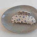 Détail d'une pince à cheveux crème avec motifs floraux violets et strass sur une assiette - Petite Pince Raisin Violet
