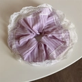 Close-up of a purple and white striped hair scrunchie with delicate white lace edges - Pink Single-layer Lace Scrunchie