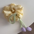 Detail of light yellow scrunchie with green ribbon and purple tulip charms for ponytails - Large Tulip Scrunchie - Yellow / Yellow