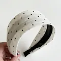 Detailed view of white headband with black polka dots and wavy textured fabric detail - White Wide - Coarse Polka Dot