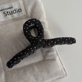 French style hair claw clip featuring black fabric with white polka dots pattern - Black Polka Dot - Hanger Shape Claw