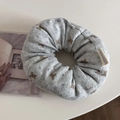 Close-up of grey knit floral scrunchie with cute bear patterns and textured fabric - Grey Bear