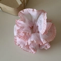 Detail of pink and white checkered lace tulle scrunchie with layered pleated mesh fabric - Pink