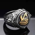 Retro stainless steel signet ring with golden Eye of Horus symbol and Egyptian carvings - US 7 / Gold & Silver