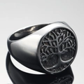 Anello con sigillo Albero della Vita retrò in acciaio inossidabile su specchio - US 7 / Color Acciaio