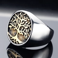 Anello con sigillo in acciaio inossidabile da uomo con rilievo dorato dell'albero della vita - US 7 / Oro e Argento