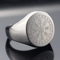 Viking Vegvisir compass signet ring with Nordic runes in silver brushed stainless steel - US 7 / Steel