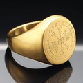 Mens vintage stainless steel signet ring featuring engraved Viking Vegvisir compass symbol - US 7 / Gold