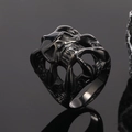 Gothic punk eagle claw skull ring for men in black stainless steel with textured scales - US 7 / Black