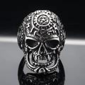 Gothische schedelring met mechanische tandwielen en stergravures van vintage staal - US 7 / Staalkleur