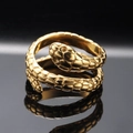 Polished gold titanium steel snake ring with textured scales on a black reflective surface - Size 7 / Gold