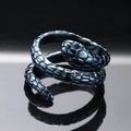 Vintage stainless steel snake ring with detailed scales on black mirror background - Size 7 / Blue