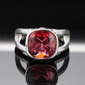 Fashionable stainless steel ring with square pink gemstone and twisted cable design - Silver Color Deep Pink Gemstone