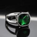 Vintage stainless steel ring with a cushion-cut green gemstone and rope-textured band - Silver Green Gemstone