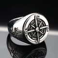Vintage stainless steel compass signet ring for men with nautical star engraving on black background - US 6 / Steel