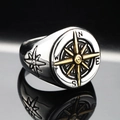 Vintage stainless steel compass signet ring for men with gold pointer and star engraving - US 6 / Gold & Silver