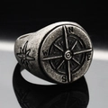 Vintage stainless steel compass ring for men with retro compass engraving and star patterns - US 6 / Antique Silver