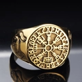 Βικινγκ δαχτυλίδι πυξίδα Vegvisir από χρυσό ανοξείδωτο ατσάλι με σκαλιστούς ρούνους - US 7 / Χρυσό