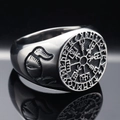 Anello bussola vichinga Vegvisir in acciaio inossidabile con rune su specchio nero - US 7 / Color Acciaio