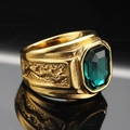 Men's vintage gold-plated stainless steel dragon ring with a large green emerald-cut stone - US 7 / Gold Tone Lake Green Gemstone