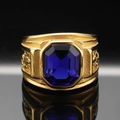 Golden titanium steel ring for men featuring a large rectangular blue gemstone - US 7 / Gold Blue