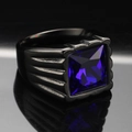 Anello da uomo in acciaio al titanio con gemma blu quadrata e finitura nera - Nero Zirconia Blu Scuro