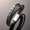 Men's multilayered black woven leather bracelet with polished silver metal cylinders - Steel Color (21cm)