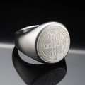 Retro St. Benedict signet ring in matte stainless steel with religious cross engravings - US 7 / Steel