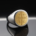 Saint Benedict medal ring in silver and gold stainless steel with cross engraving - US 7 / Gold & Silver