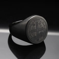Matte black Saint Benedict signet ring in stainless steel with cross pattern engraving - US 7 / Black