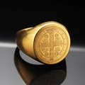 Vintage gold St. Benedict medal signet ring in stainless steel with cross pattern - US 7 / Gold