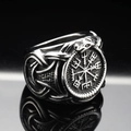 Vintage stainless steel Viking compass ring for men with Vegvisir motif and Nordic runes - US 7 / Steel
