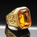 Vintage men's gold plated titanium steel ring with large orange rectangle gemstone - Size 7 / Gold Yellow Gemstone