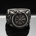 Vintage stainless steel Viking compass ring with Nordic Vegvisir symbol and rope texture - US 7 / Antique Silver