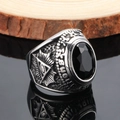 Macro view of vintage titanium steel ring with black gemstone and all-seeing eye detail - Size 7 / All-Seeing Eye Black Rhinestone Style (Steel Style 1) / Steel