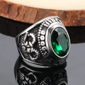 Macro view of vintage punk signet ring with green gemstone and relief details - Size 7 / Dark Green Rhinestone Distressed Style (Steel Style 2) / Steel