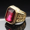 Macro shot of large rectangular red gemstone set in a golden vintage engraved ring band - Size 7 / Gold Base Rose Red Gemstone