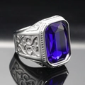 Detail of a large rectangular blue gemstone set in a vintage engraved silver steel ring - Size 7 / Steel Color Dark Blue Gemstone