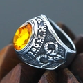 Macro view of vintage titanium steel ring featuring a large faceted yellow gemstone - Size 7 / Retro Mechanical Gear Texture Style (Steel Style 23) / Retro Silver (Yellow Gemstone)