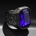Macro view of vintage men's titanium steel ring with emerald-cut blue gemstone - Size 7 / Black Dark Blue Zirconia
